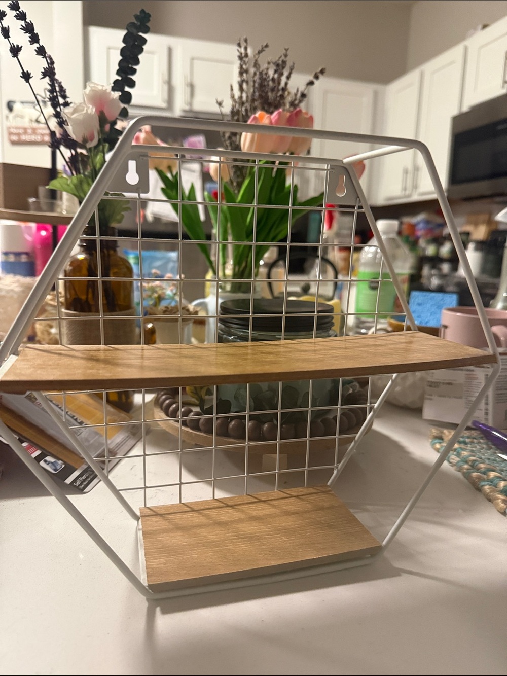 Neutral White and Wood Hexagon Wall Shelf - Brand